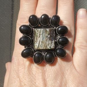 New Oversized Rough Labradorite & Black Onyx 925 Silver Statement Ring.